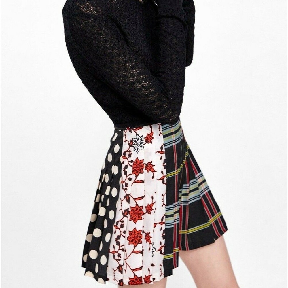 ZARA WOMAN Mixed Print Pleated Mini Skirt Plaid Floral Polka Dot XS